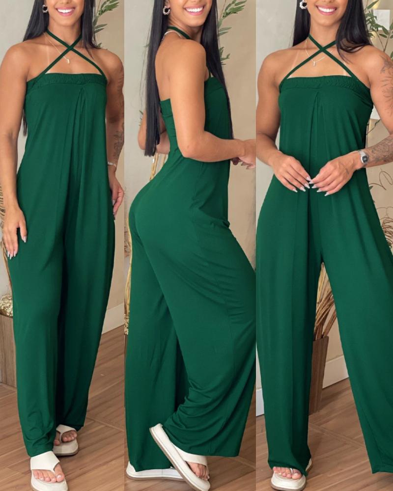 

Combinaison froncée sans manches avec bandeau croisé, barboteuse décontractée à jambes larges, Green