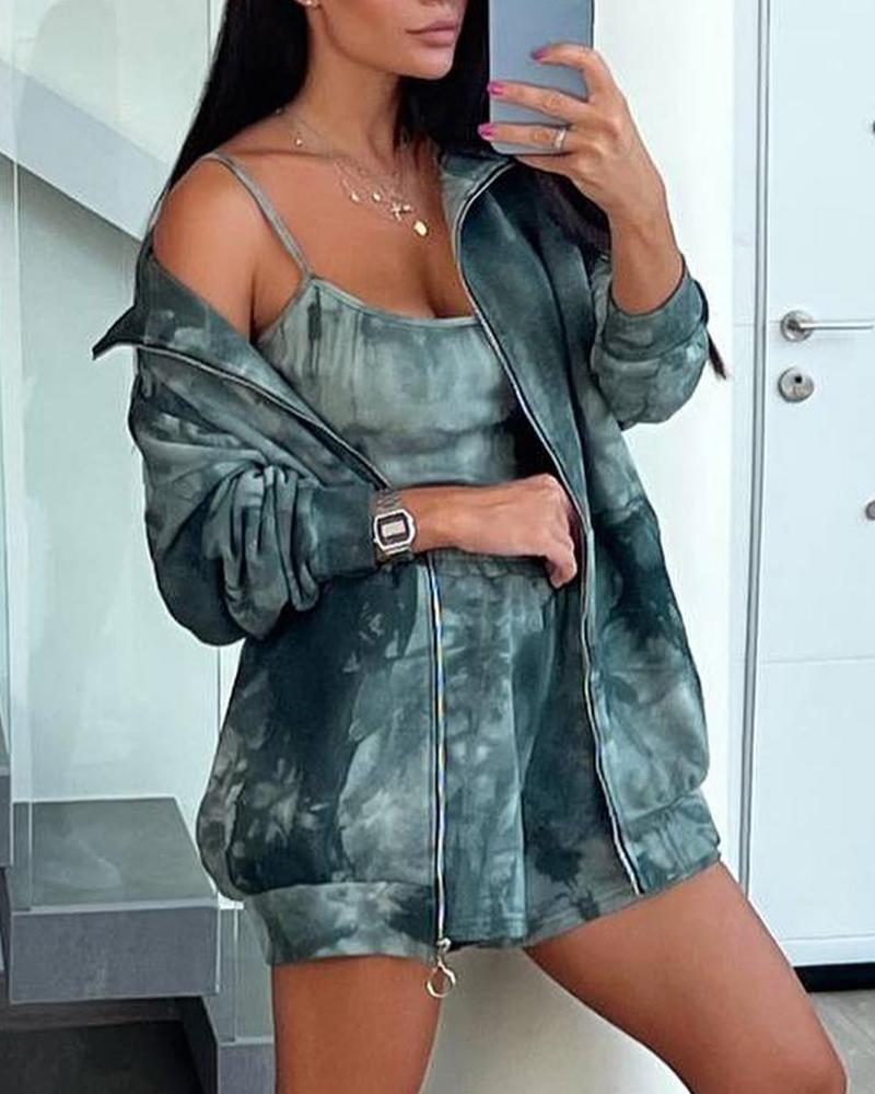 

3PCS Tie Dye Print Crop Cami Top & Shorts Set With Coat, Army green