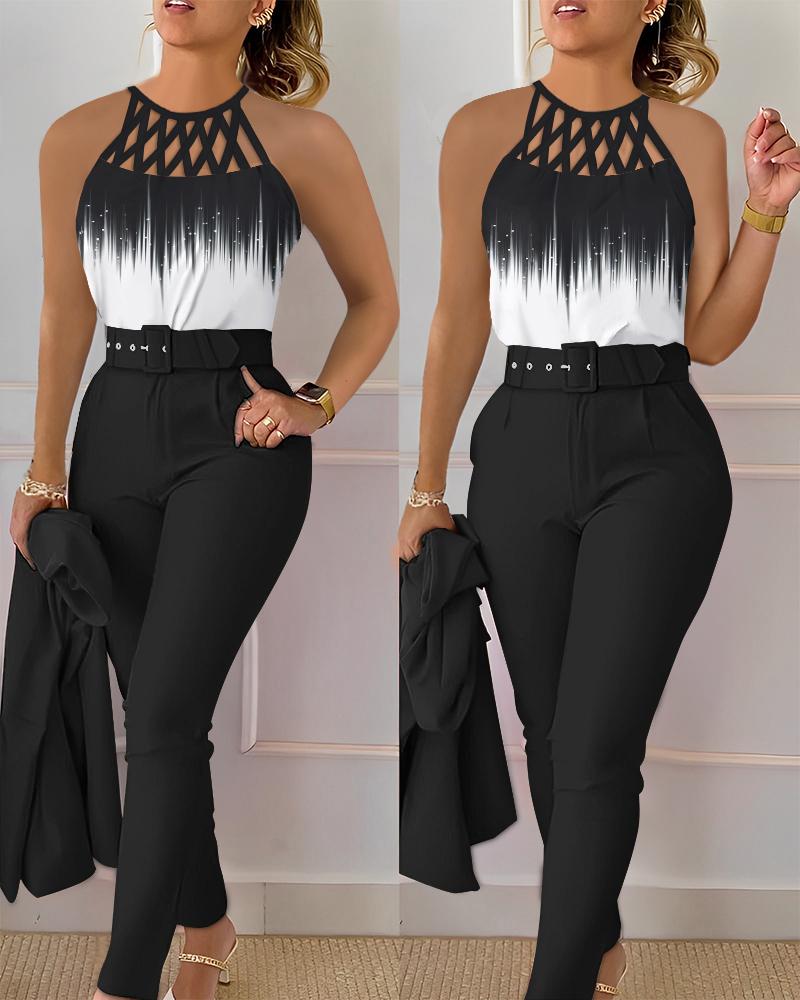 

Abstract Print Ombre Hollow Out Tank Top & Pants Set, Blackwhite