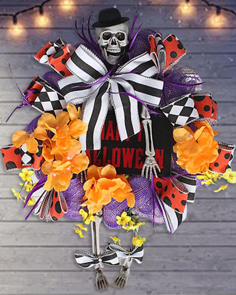 

Halloween Artificial Wreath With Floral Skull Wreaths Garland Front Door Thanksgiving Festival Decoration Ornaments, Multicolor