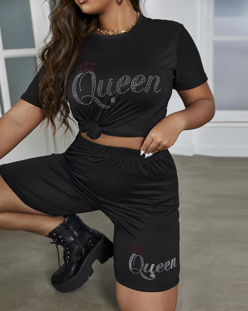 

Letter Crown Pattern Rhinestone T-shirt & Shorts Set, Black