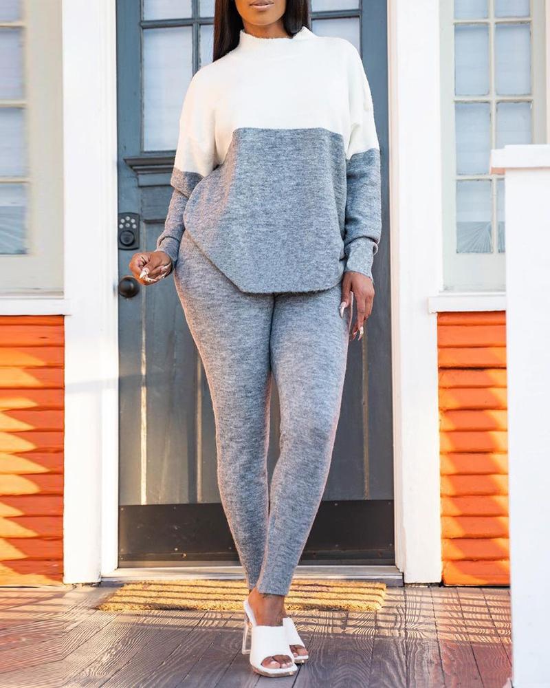 

Colorblock Long Sleeve Top & Skinny Pants Set, Gray