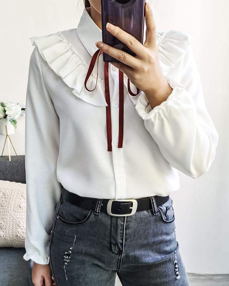 

Ruffles Frill Hem Bowknot Front Shirt, White
