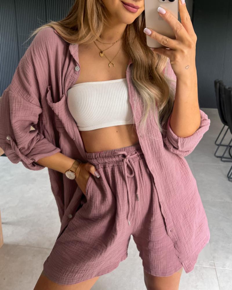

Long Sleeve Shirt & Pocket Design Shorts Set, Purple