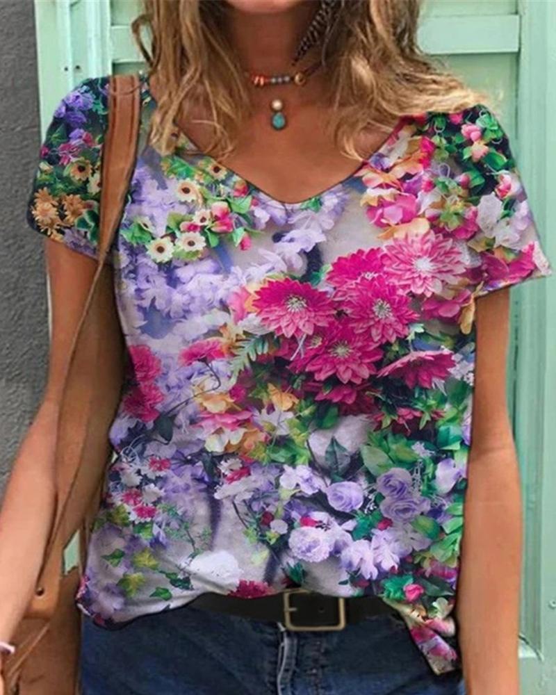 

Floral Print Short Sleeve T-Shirt, Style2