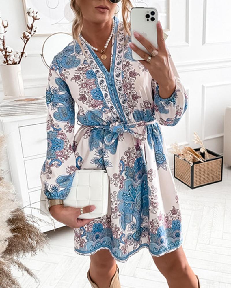 

Scarf Baroque Print Long Sleeve Dress, Blue