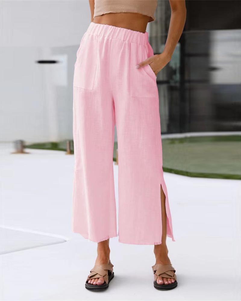 

Pocket Detail Slit Hem Casual Pants, Pink