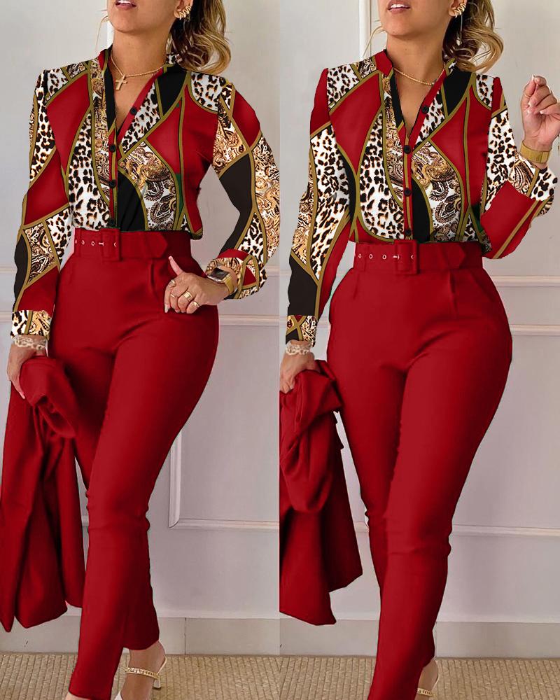 

Baroque Leopard Print Shirt & Belted Pants Set, Red