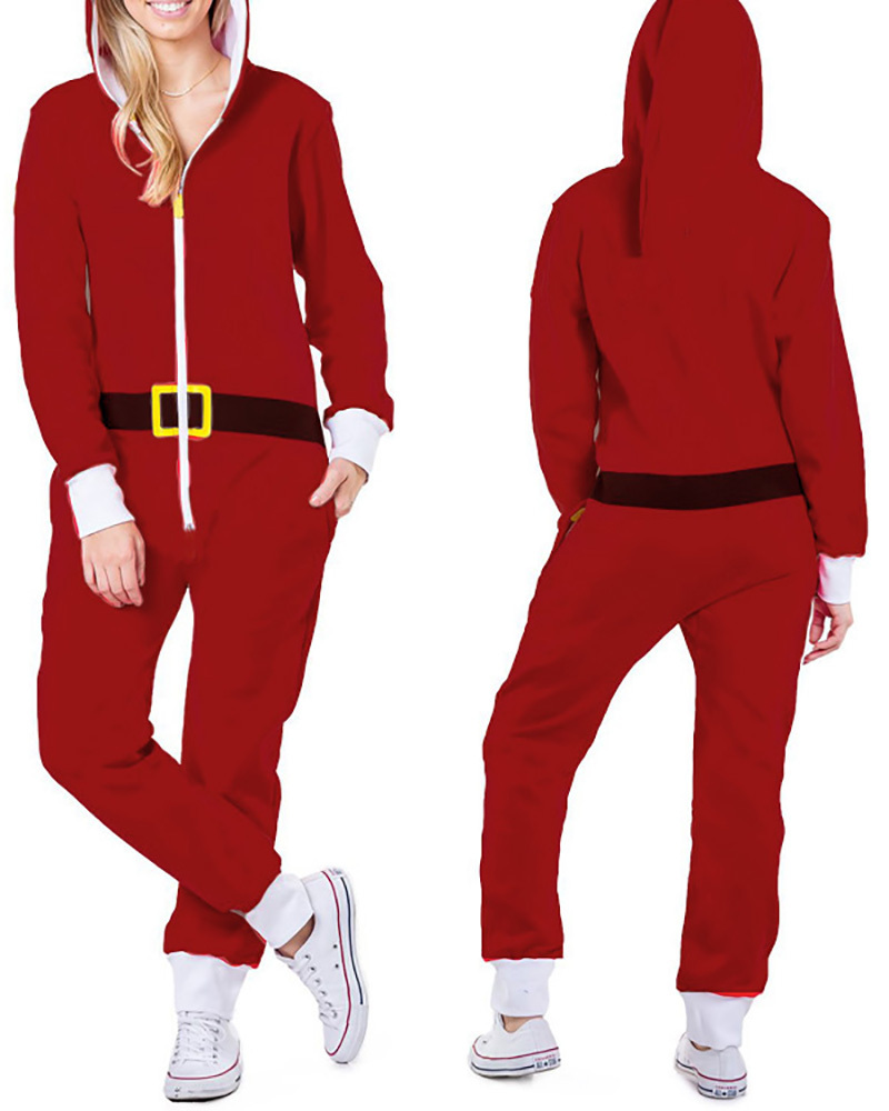

Christmas Zipper Design Long Sleeve Hooded Lounge Jumpsuit, Red