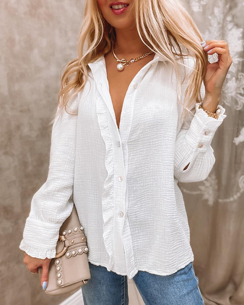 

Long Sleeve Frill Hem Button Down Shirt, White