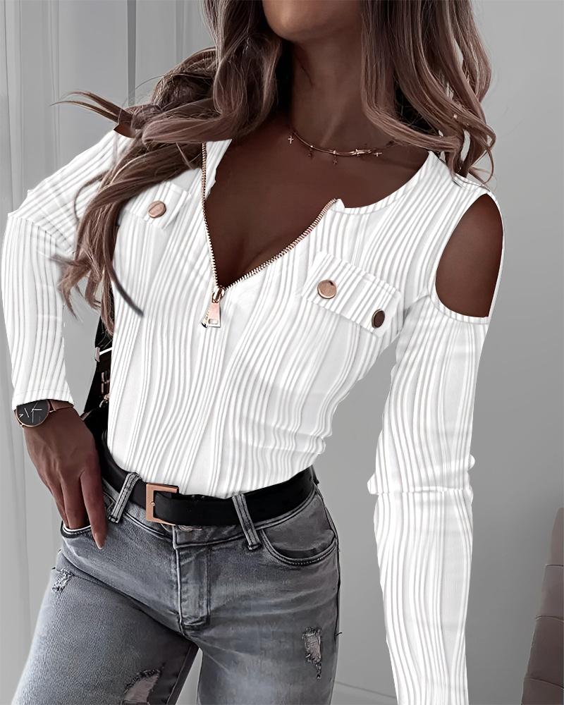 

Cold Shoulder Zipper Design Buttoned Textured Top, White