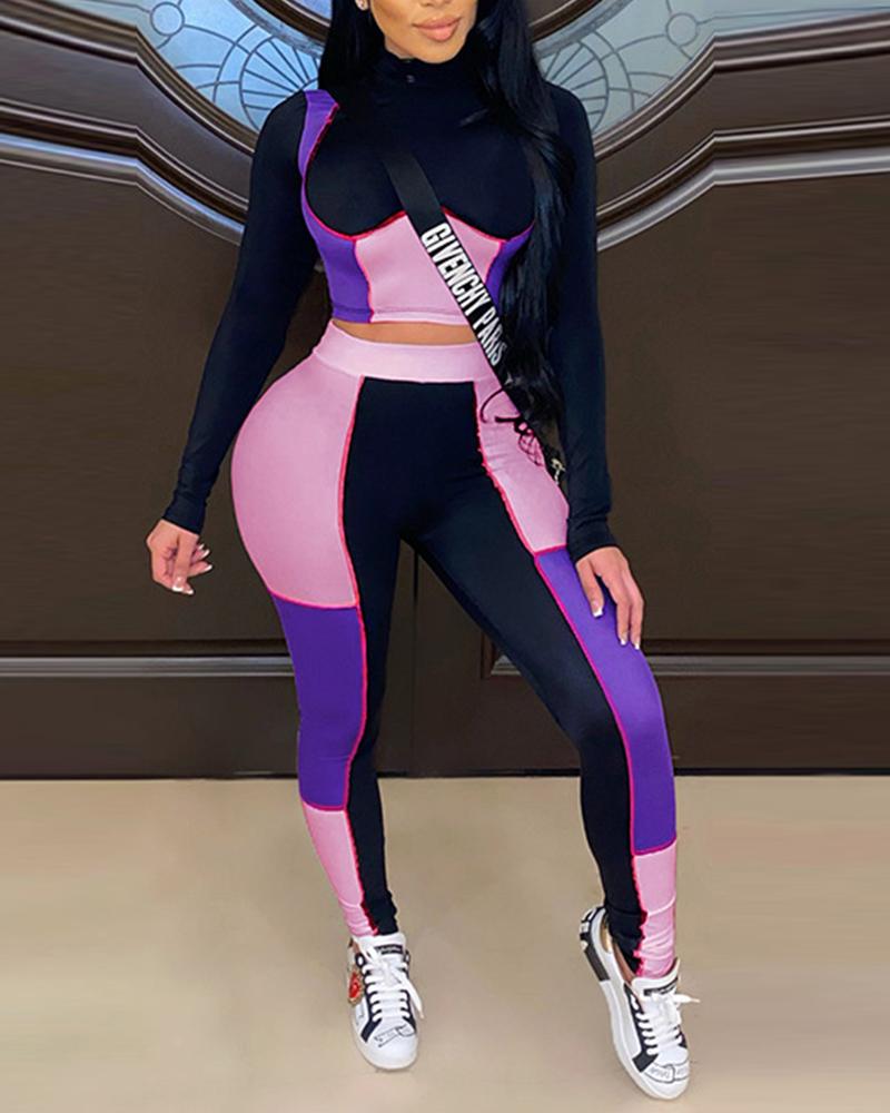

Color Block Sports Crop Tee & Leggings Active Set, Pink