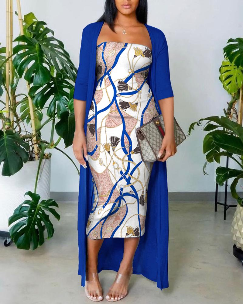 

Scarf Print Colorblock Tube Bodycon Dress With Longline Coat, Blue