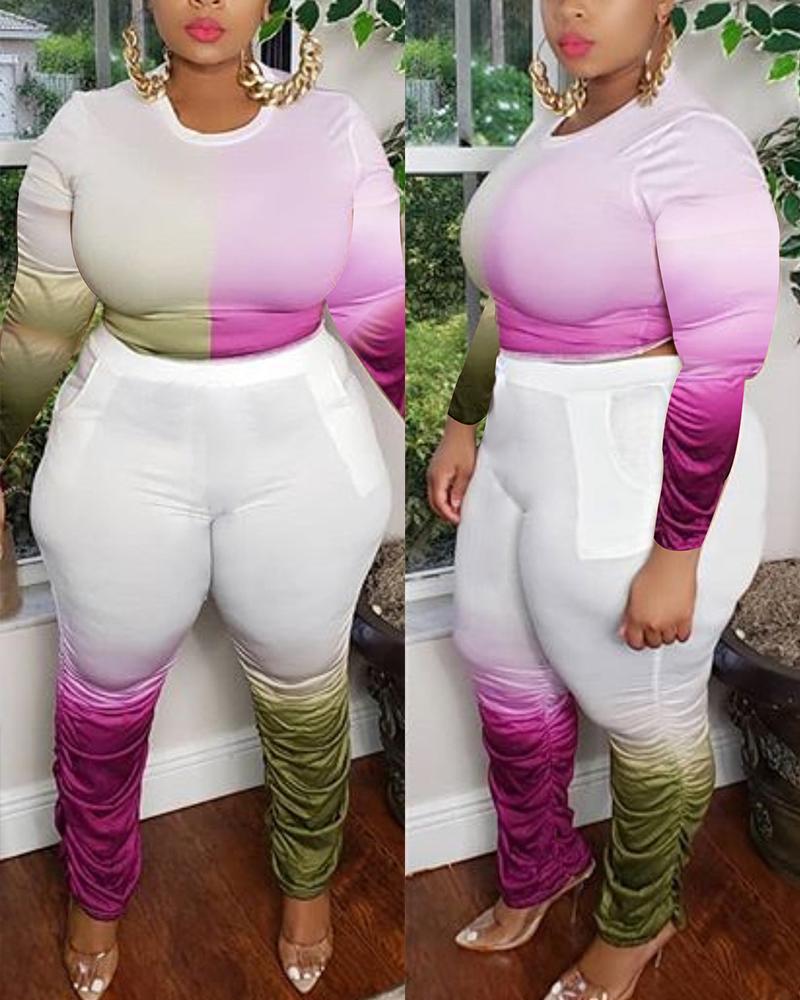 

Plus Size Ombre Long Sleeve Top & Ruched Pants Set, Hot pink