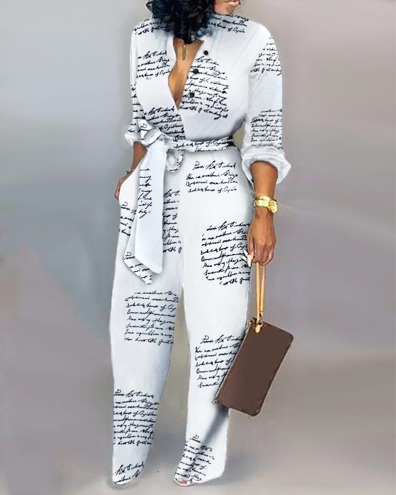 

Plus Size Letter Print Button Front Belted Jumpsuit, White