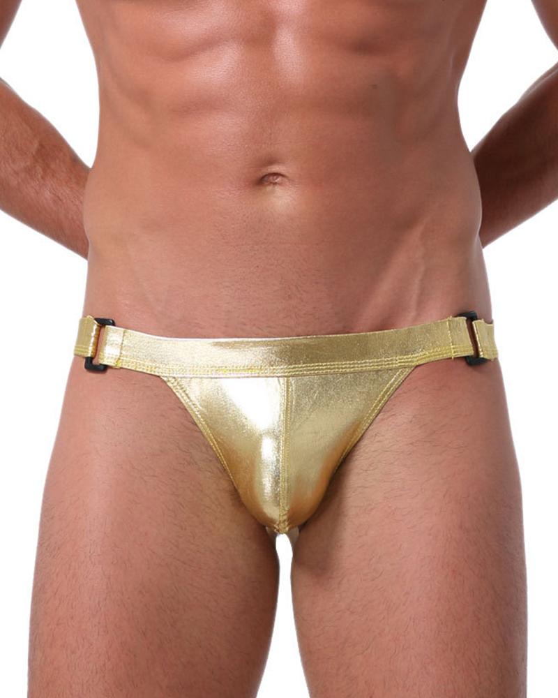 

Solid Color Lacquered Leather Low Waist Thong Underpants, Gold
