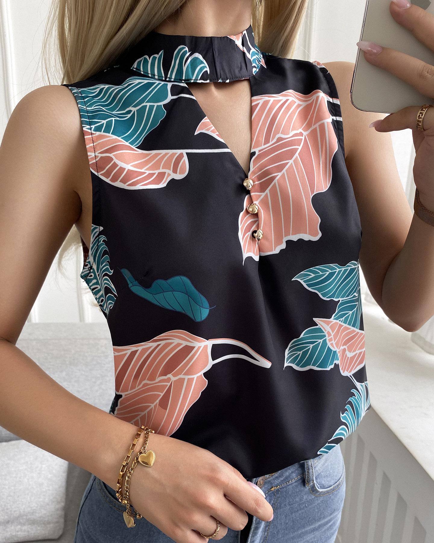 

Leaves Print Cut-out Sleeveless Tank Top, Black