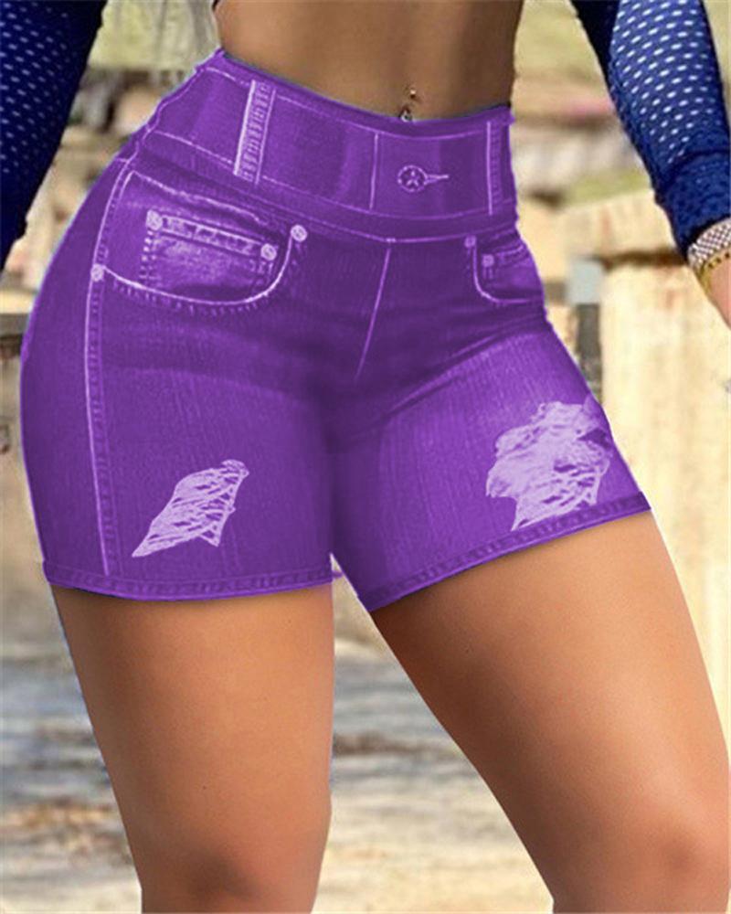 

Denim Look Print High Waist Butt Lifting Active Shorts, Purple