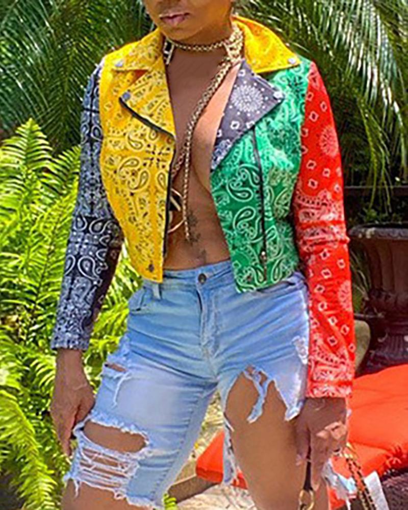 

Zipper Design Paisley Print Long Sleeve Crop Coat, Multicolor