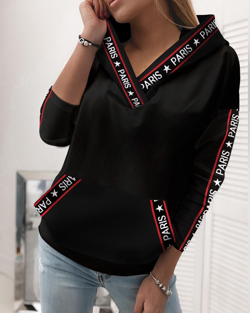 

Letter Print Colorblock Pocket Design Hooded Top, Black