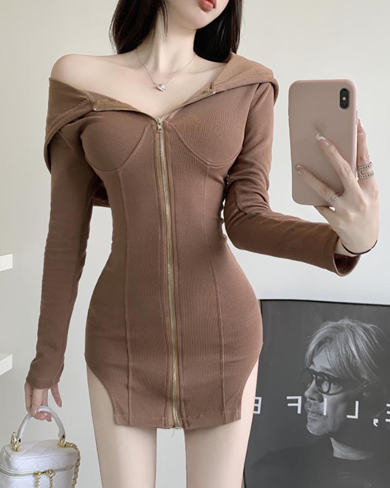 

Long Sleeve Zipper Front Hooded Asymmetrical Dress, Coffee