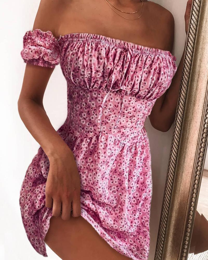 

Floral Print Off Shoulder Ruched Frill Hem Dress, Pink