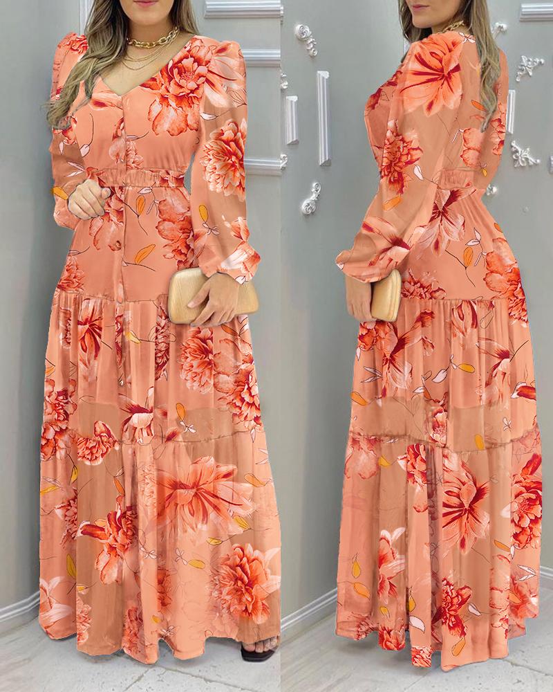 

Floral Print Lantern Sleeve V-Neck Maxi Dress, Orange