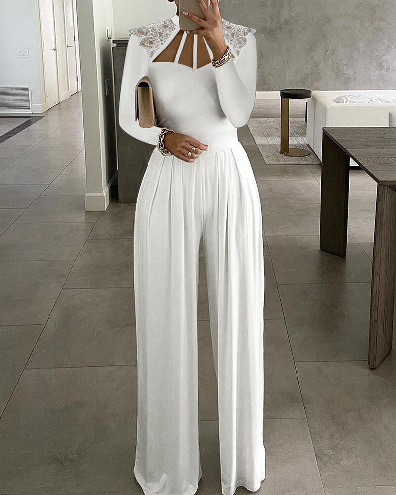 

Hollow-out Floral Lace Wide Leg Jumpsuit, White