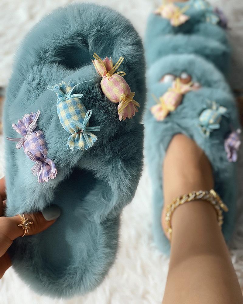 

Fuzzy Candy Pattern Cross Strap Slippers, Blue