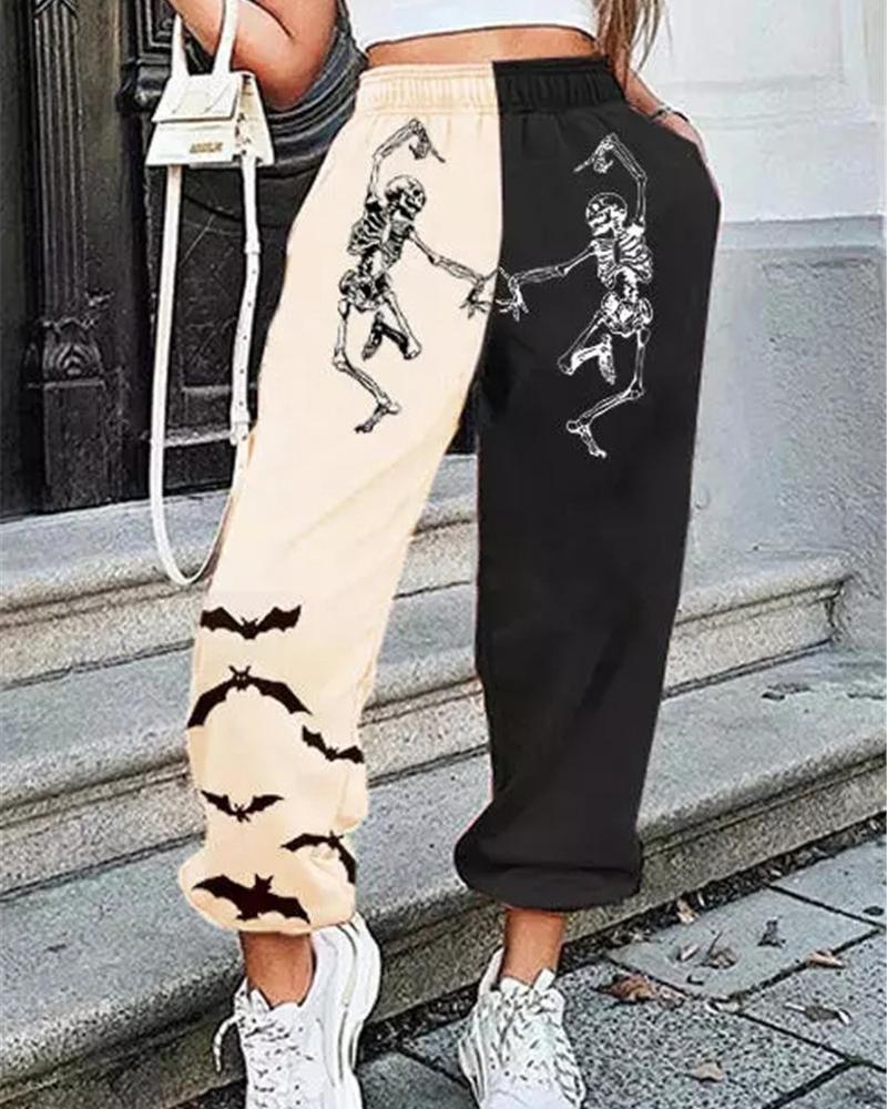

Halloween Dancing Skeleton Bat Print Colorblock Cuffed Pants, Black