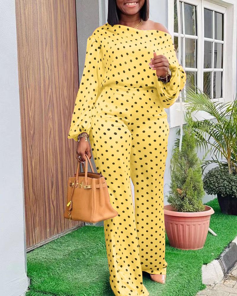 

Polka Dot Print Lantern Sleeve Top & Pants Set, Yellow