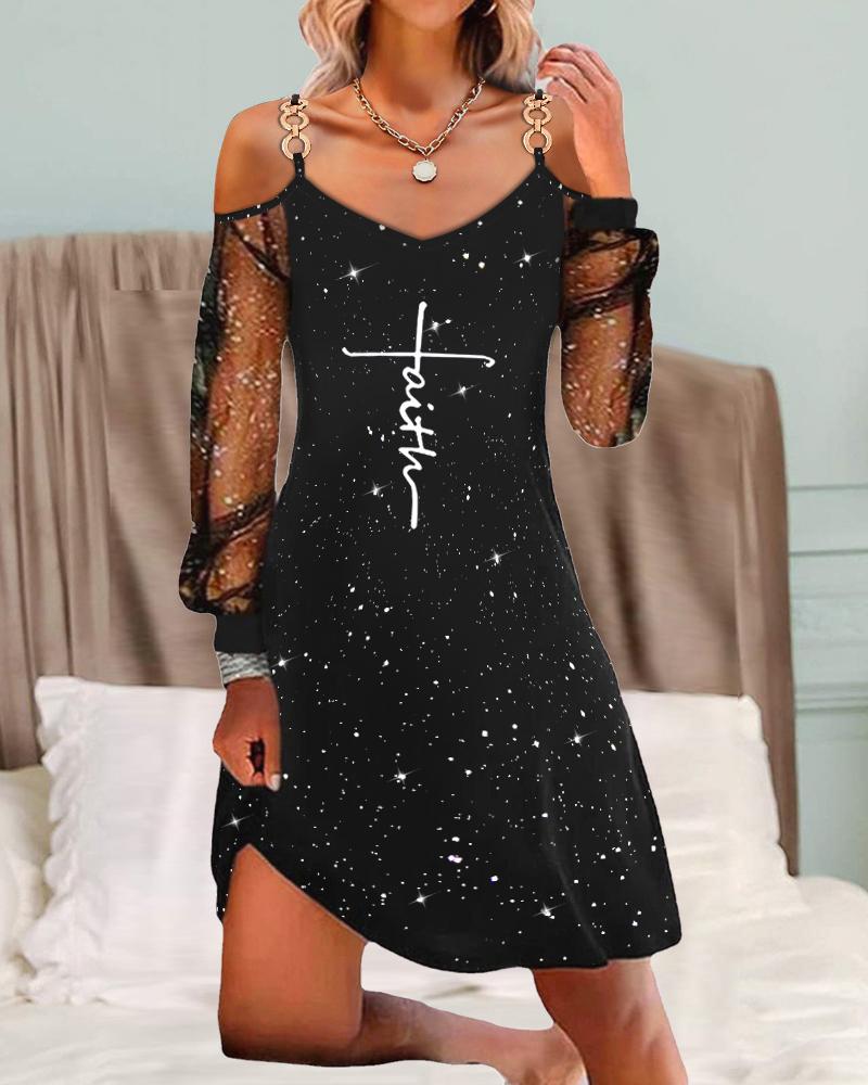 

Letter Print Contrast Mesh Cold Shoulder Glitter Casual Dress, Black