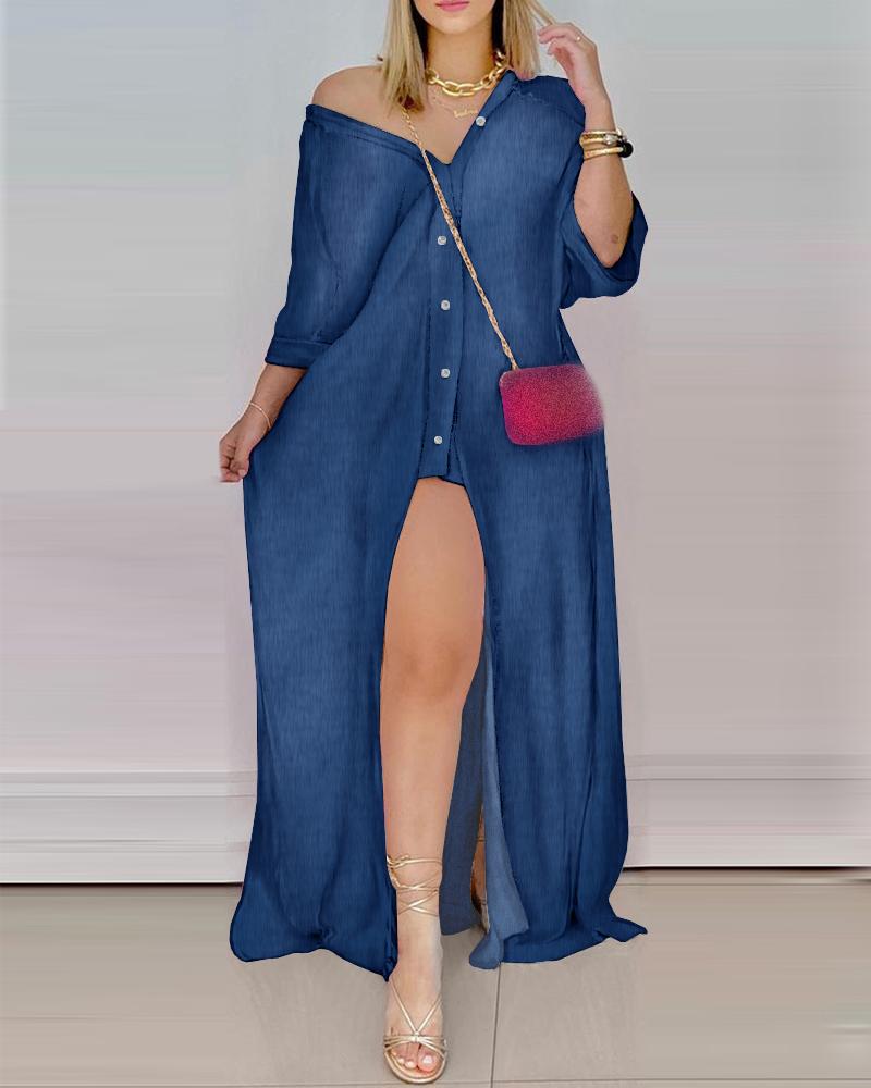 

Button Design High Slit Maxi Dress, Blue