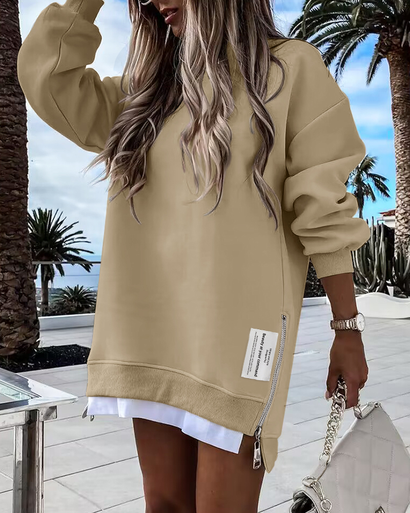 

Long Sleeve Pullover Sweatshirt Zipper Slit Casual Dress, Light khaki