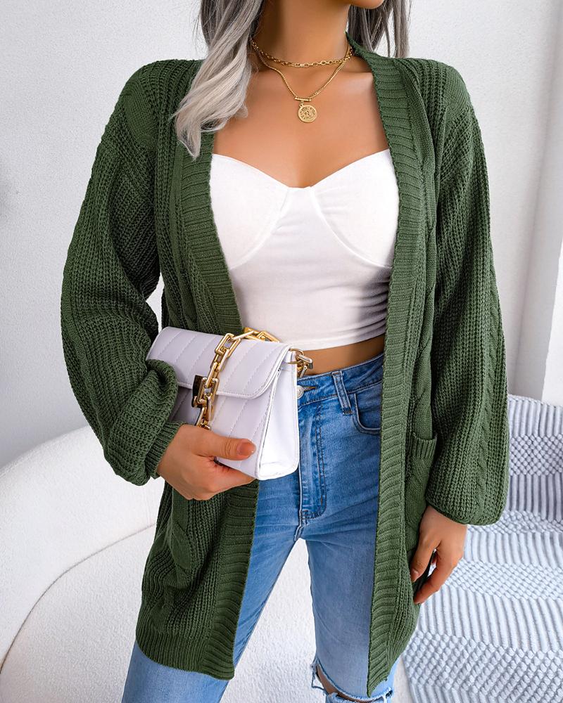 

Braided Lantern Sleeve Pocket Design Cardigan, Army green