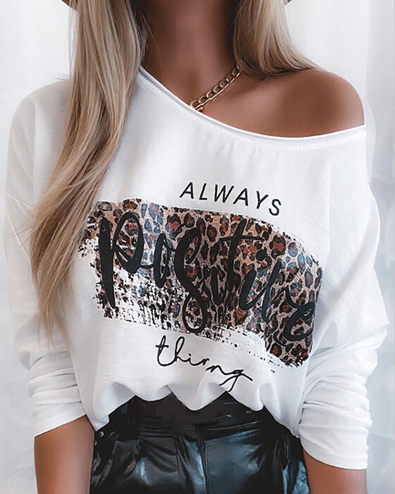 

Letter Cheetah Print Long Sleeve Casual Top, White