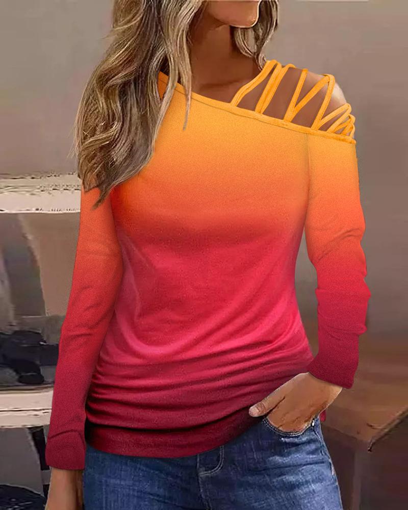

Ombre Long Sleeve Cold Shoulder Casual Top, Multicolor