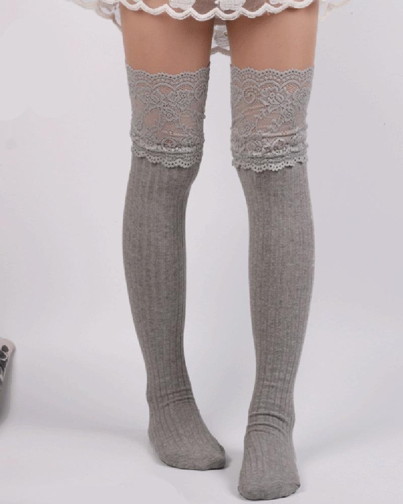 

Lace Trim Over The Knee Socks, Gray