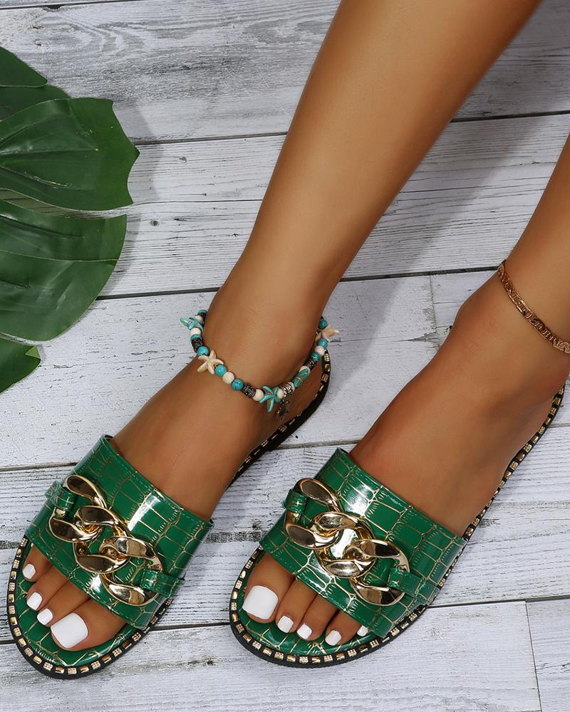 

Crocodile Chain Decor Wide Strap Slippers, Green