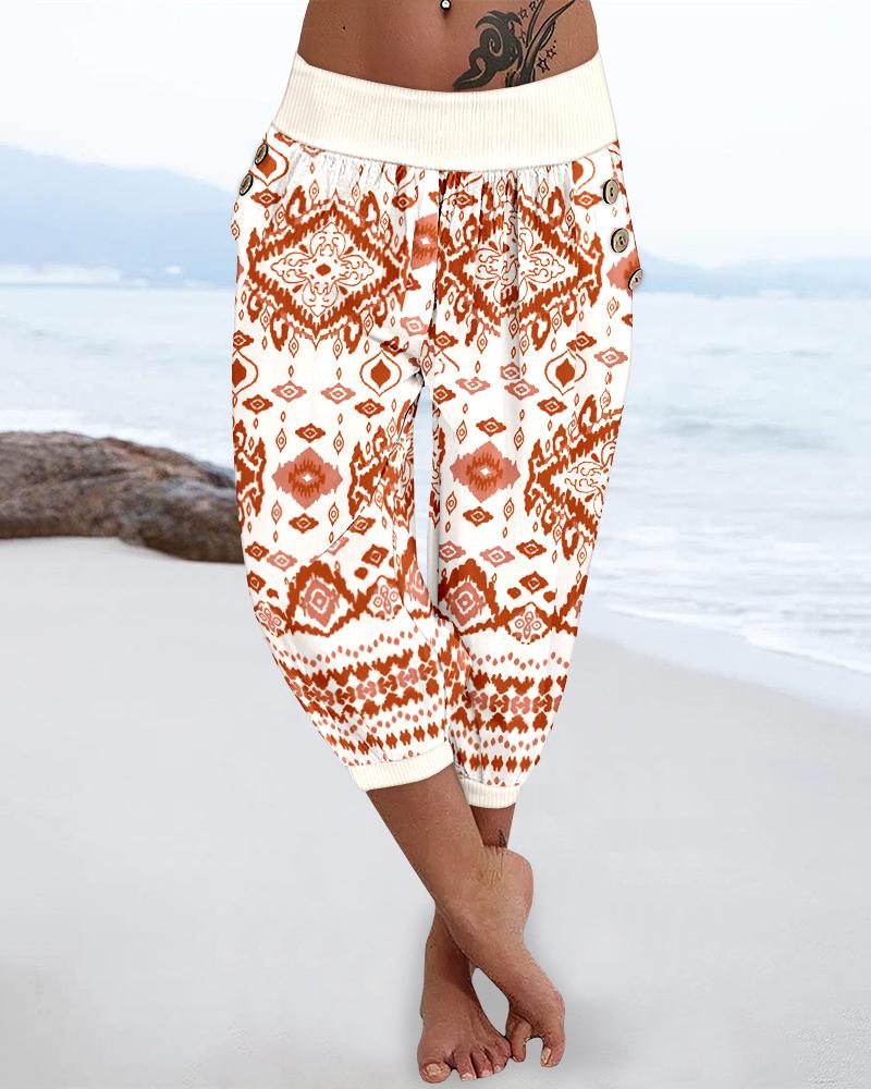 

Tribal Print Low Waist Button Decor Capris Pants Vacation Pants with Pocket, Orange