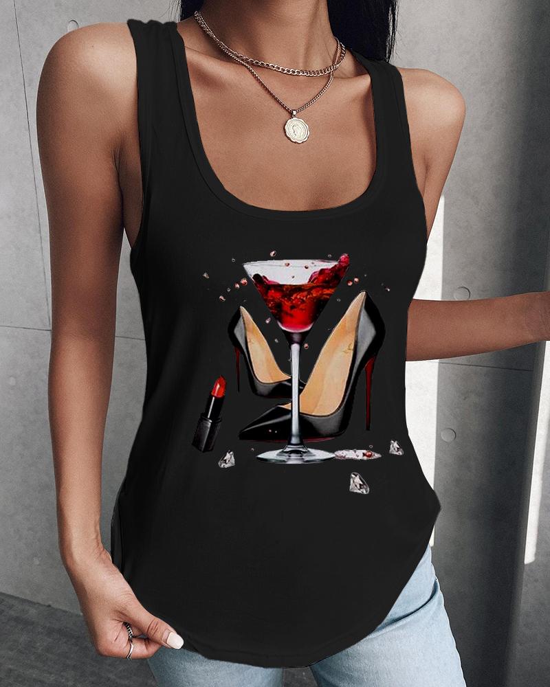 

Graphic Print U Neck Casual Top, Black