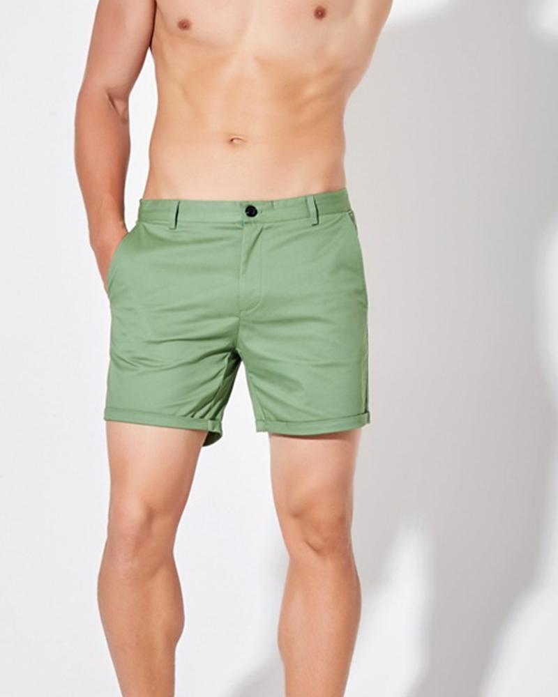 

Solid Color Short Pants With Pockets, Green