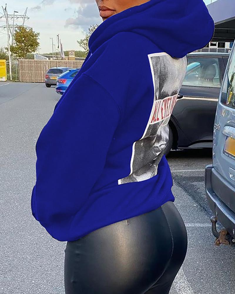 

Graphic Print Long Sleeve Hooded Top, Blue