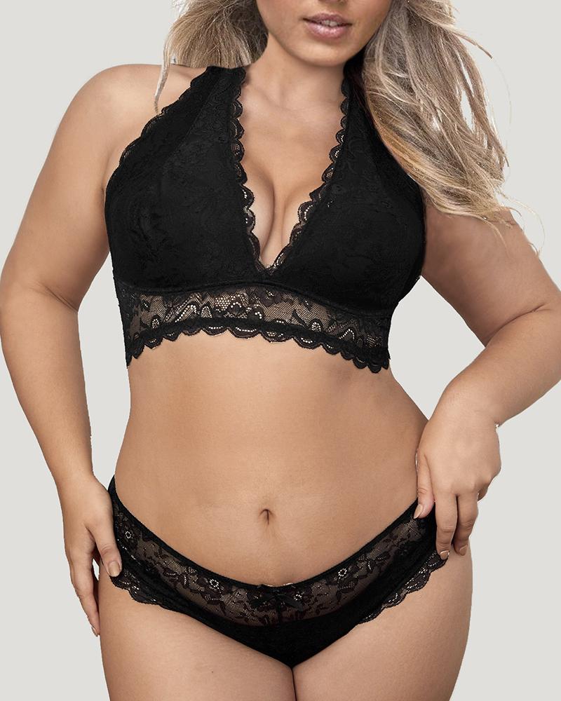 

Plus Size Halter Crochet Lace Wireless Lifting Triangle Bra, Black