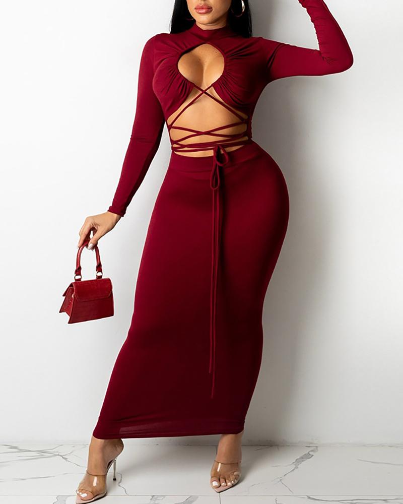 

Mock Neck Lace-up Cutout Front Maxi Dress, Red