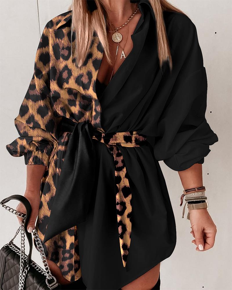 

Leopard Print Lantern Sleeve Belted Shirt Dress