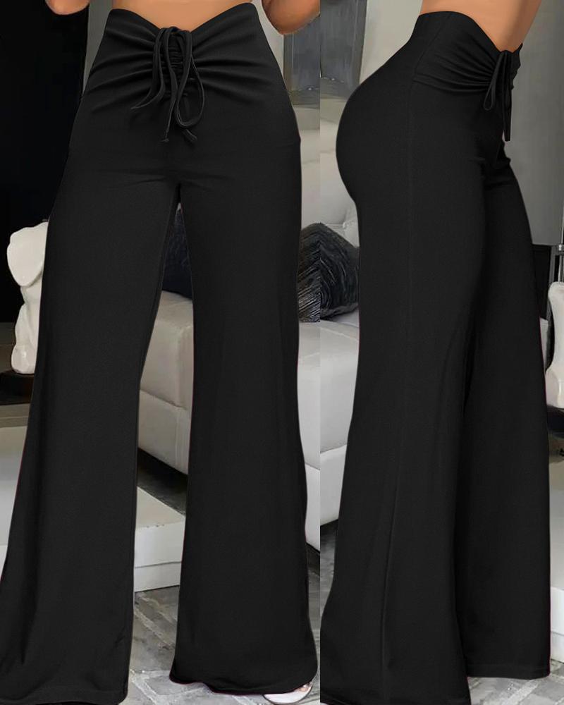 

High Waist Drawstring Flared Pants, Black