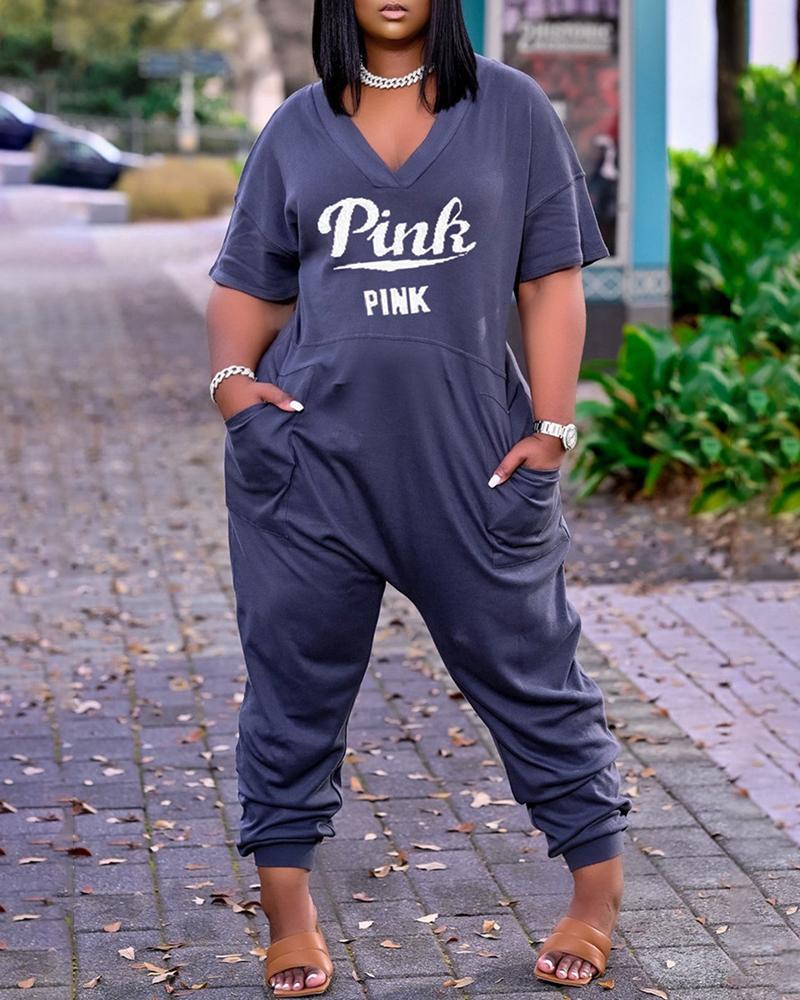 

Letter Print V-Neck Short Sleeve Pocket Design Jumpsuit, Dark grey