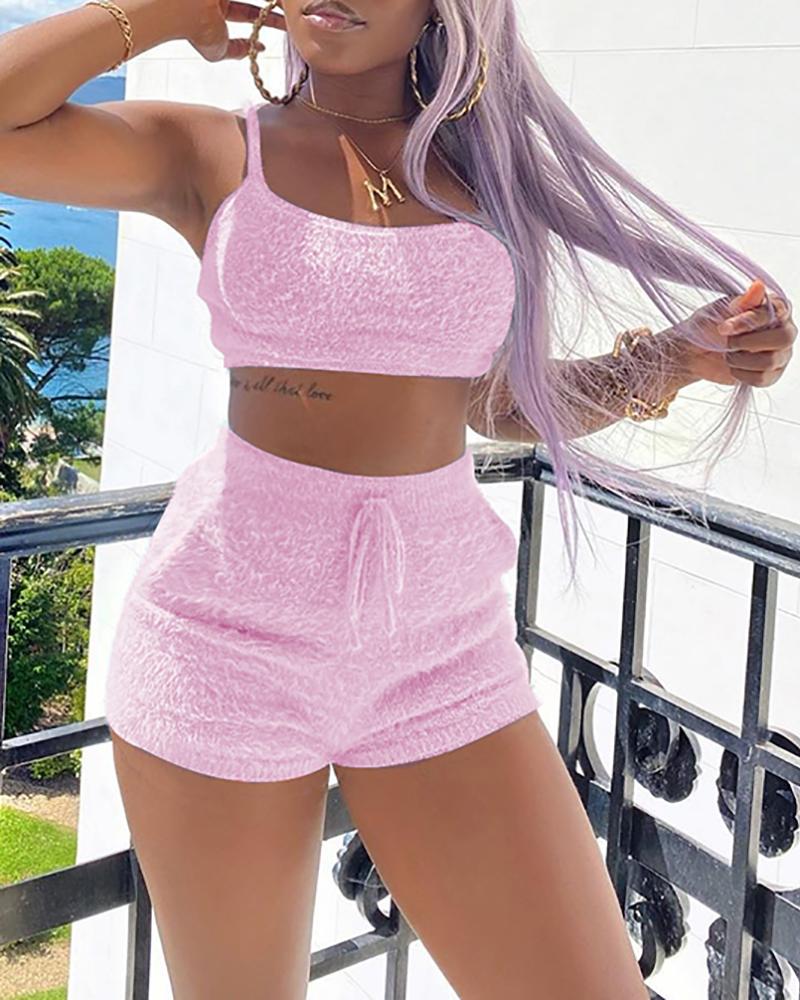 

Spaghetti Strap Fluffy Crop Top & Drawstring Shorts Set, Pink