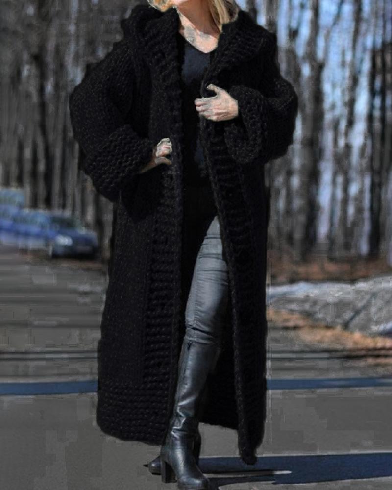 

Long Sleeve Button Design Hooded Knit Cardigan, Black